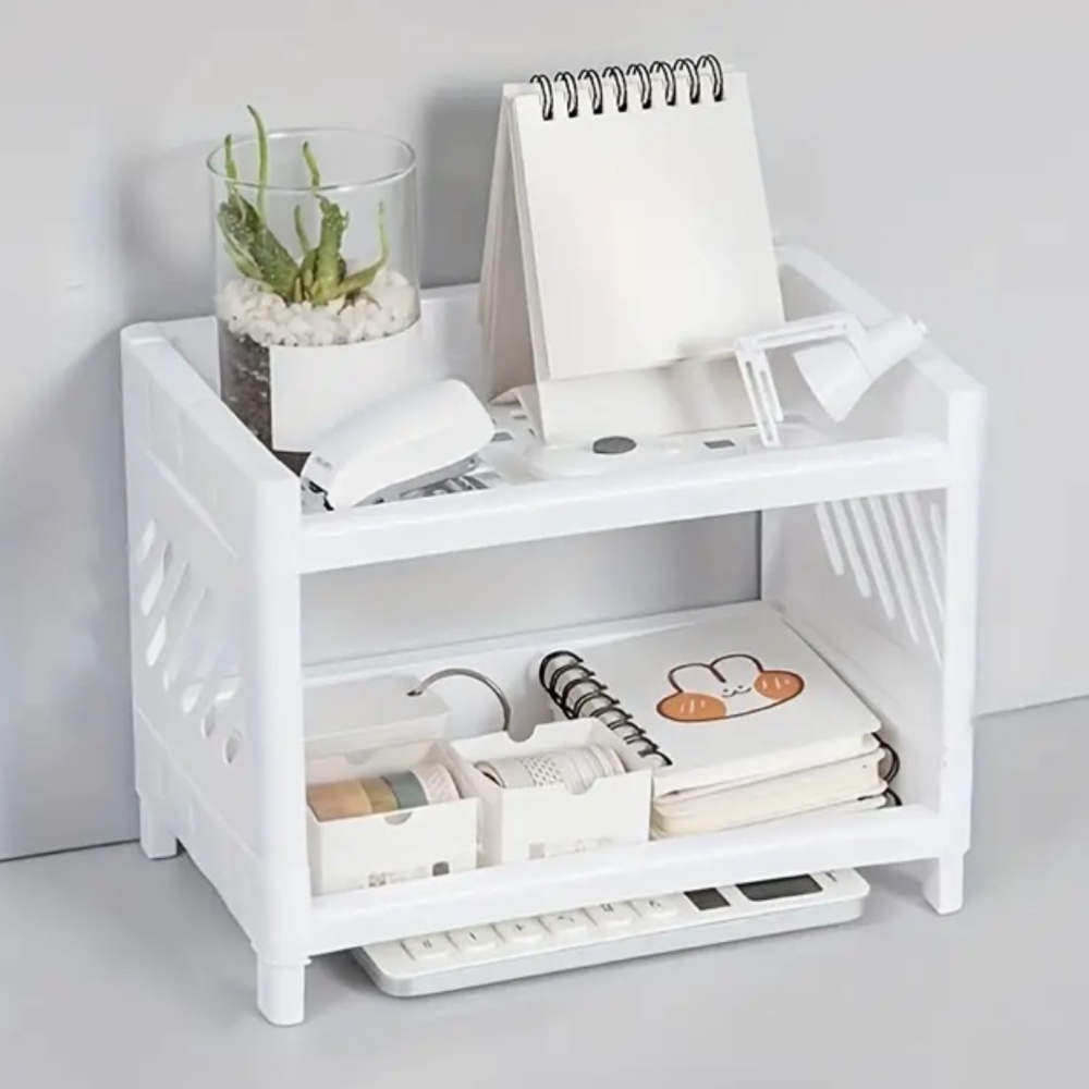 White Plastic Desktop Storage Rack -Multi-Functional Rectangular Organizer Shelf - Picture 5 of 8